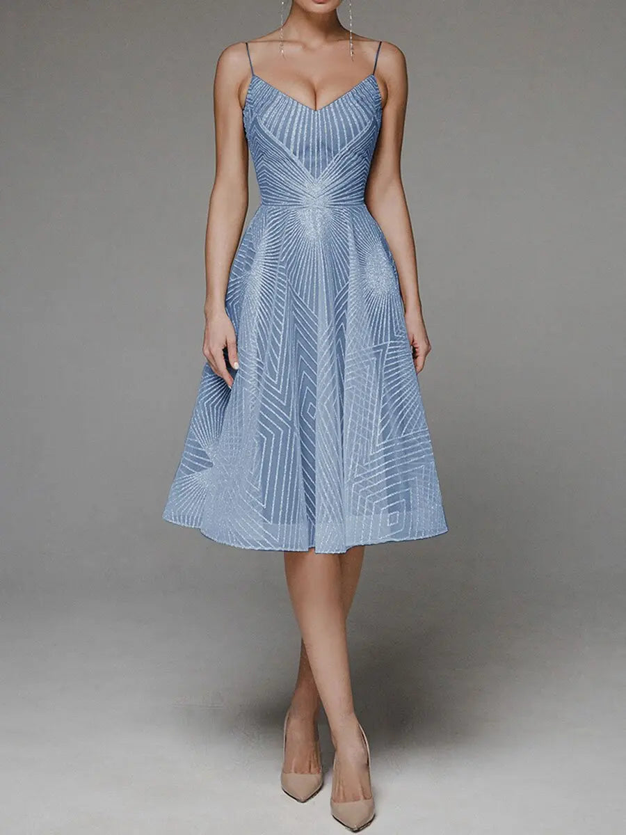 Women's A-Line Dress - Sleeveless Spaghetti Strap - V-Neck Knee-Length Elegant Wear