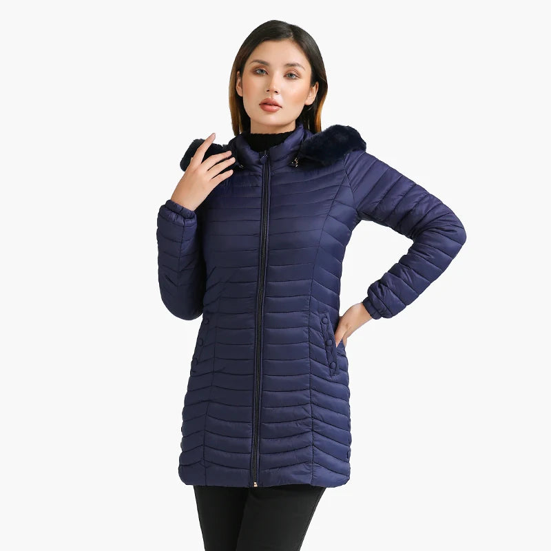 Women's slim fit winter puffer jacket with fur hood
