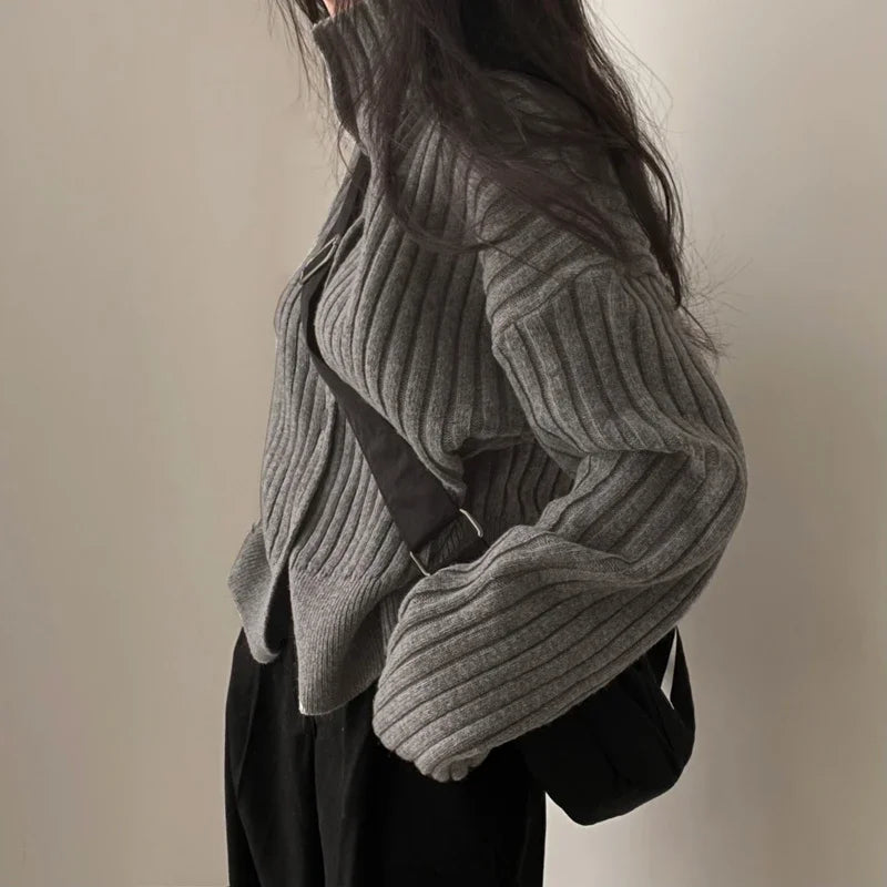 Women’s Knitted Cardigan Top - Ribbed Texture - High Neck - Button Placket - Relaxed Fit - Cropped Length