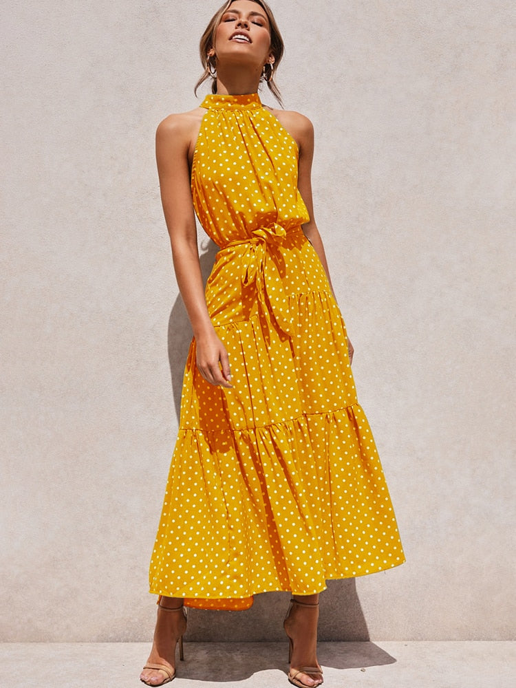 Women's Halter Midi Dress - Polka Dot Print - Tiered Flowy Skirt - Waist Tie