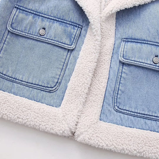 Sleeveless denim jacket for women with front pocket