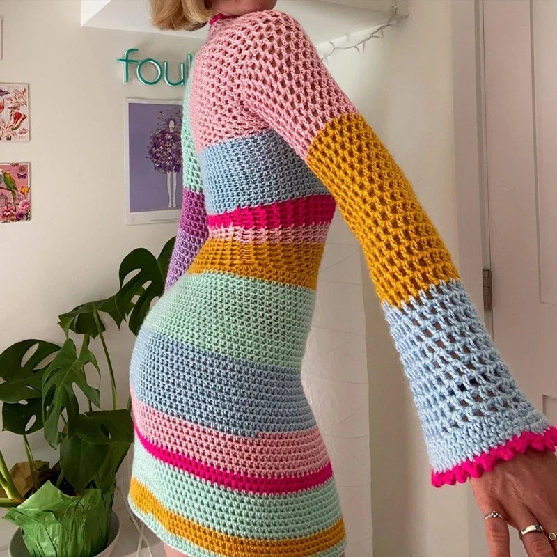 Women's Crochet Dress - Open-Knit Textured - Long Sleeve - Boho Flare Cuff