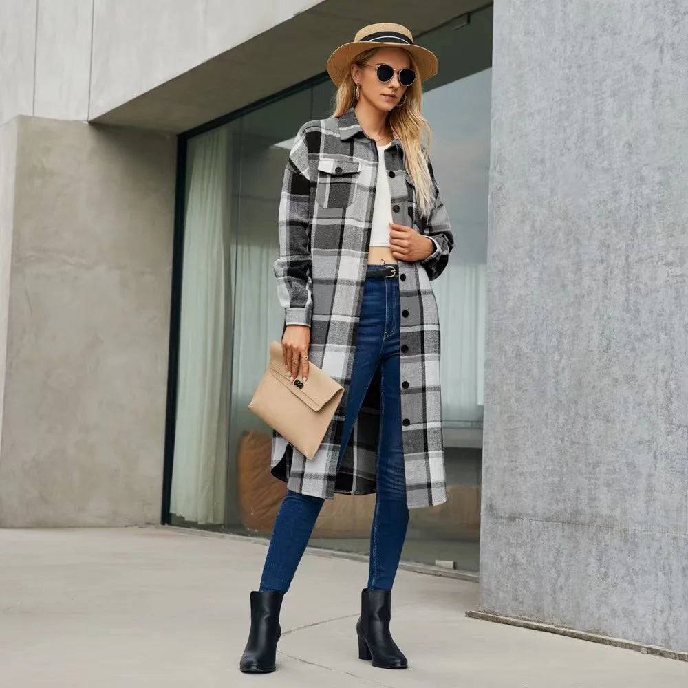 Women plaid trench coat with side slits and pockets