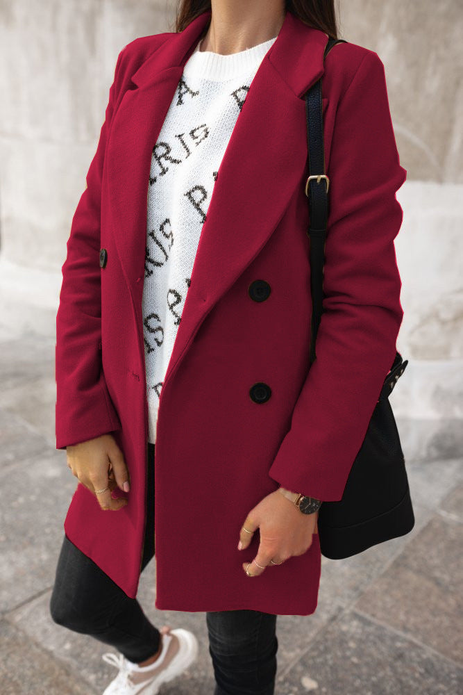Women's Wool Blend Coat - Tailored Fit - Double-Breasted with Notched Lapels