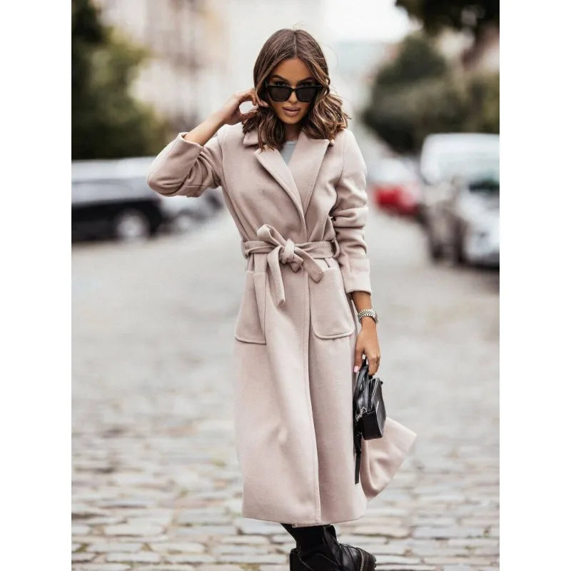 Women's Trench Coat - Long Wrap Style - Wide Lapel Collar - Belted Waist