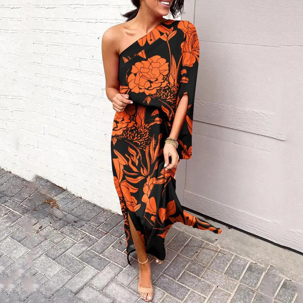 Women's One-Shoulder Maxi Dress - Floral Print - Elegant Flowing Silhouette
