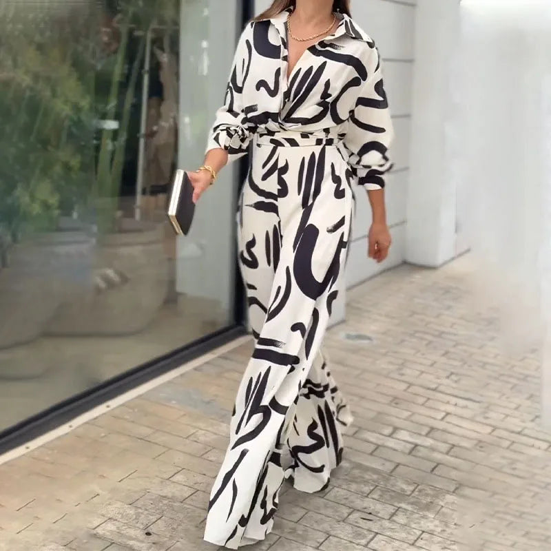 Women's Jumpsuit - Wide Leg - Long Sleeve Button Down - Abstract Print Elegant Fit