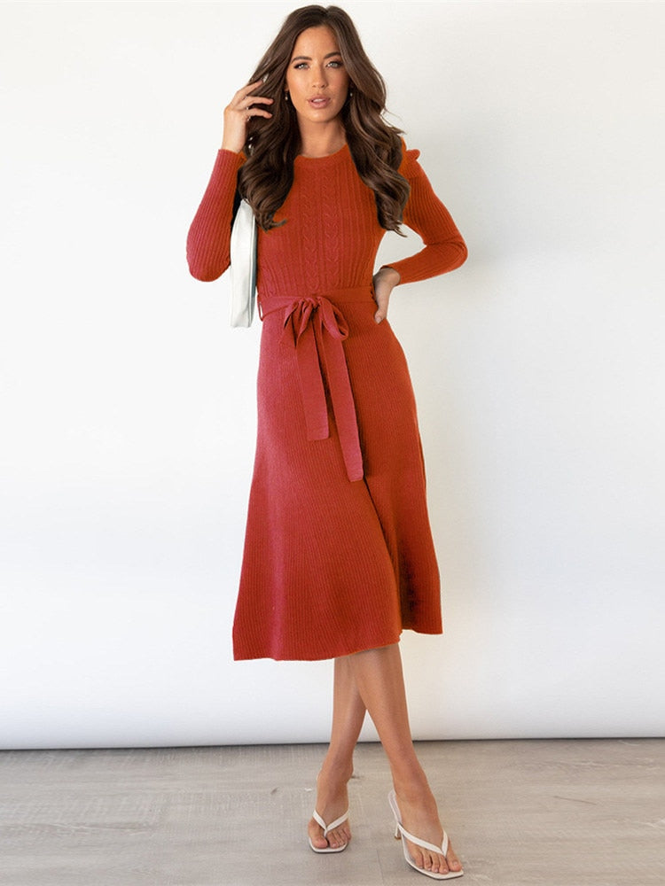 Fit and Flare Tie Waist Midi Dress