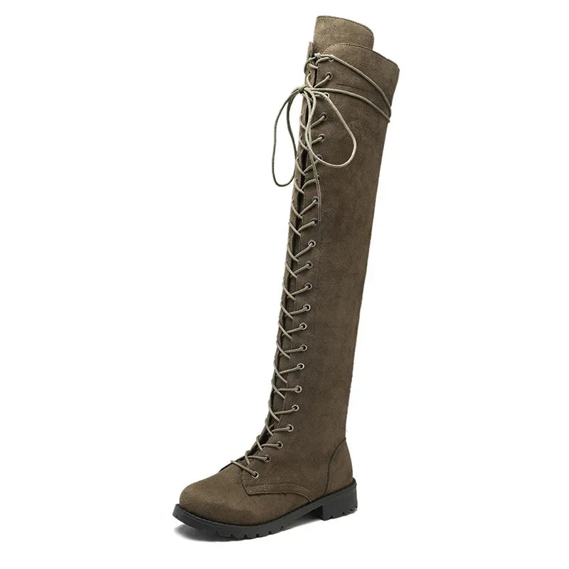 Women’s Over-the-Knee Boots – Suede-Like Texture – Lace-Up Front – Side Zipper – Rugged Sole