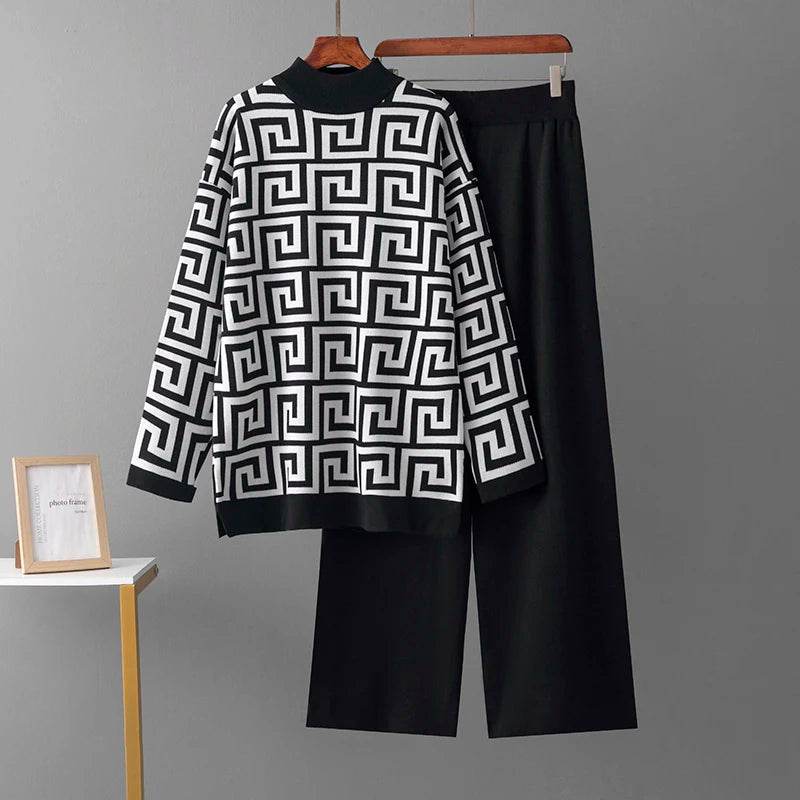 Women's spring/autumn o-neck jacquard sweater and elegant casual loose pants 2 pieces - set