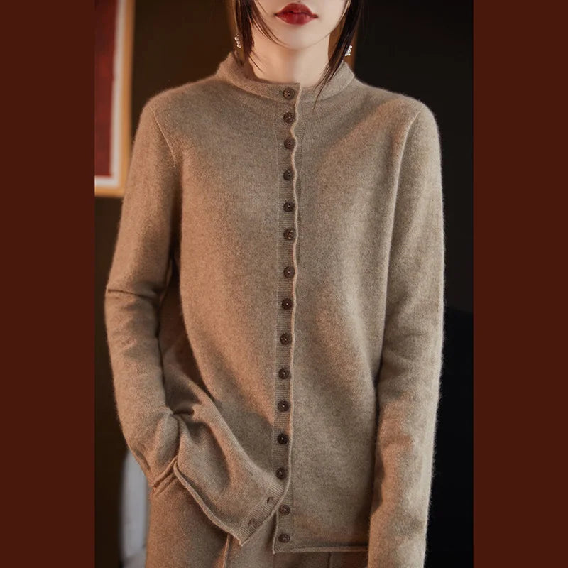 Women’s Cardigan Sweater – Wool Knit – Relaxed Tailored Fit – Button Front – Spread Collar