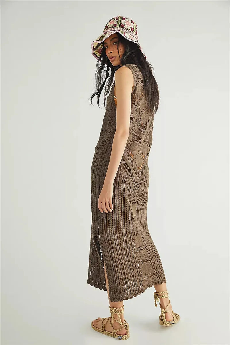 Women’s Mesh Dress – Relaxed Fit – Midi Length – V-Neck – Geometric Knit – Side Slit