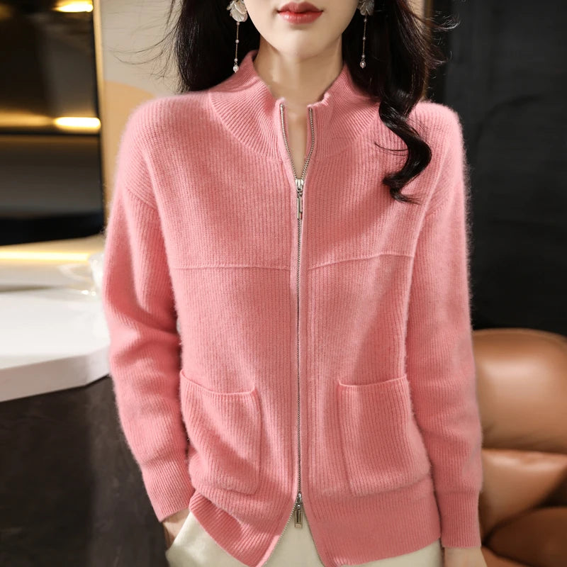Women's textured half-collar zip cardigan autumn winter