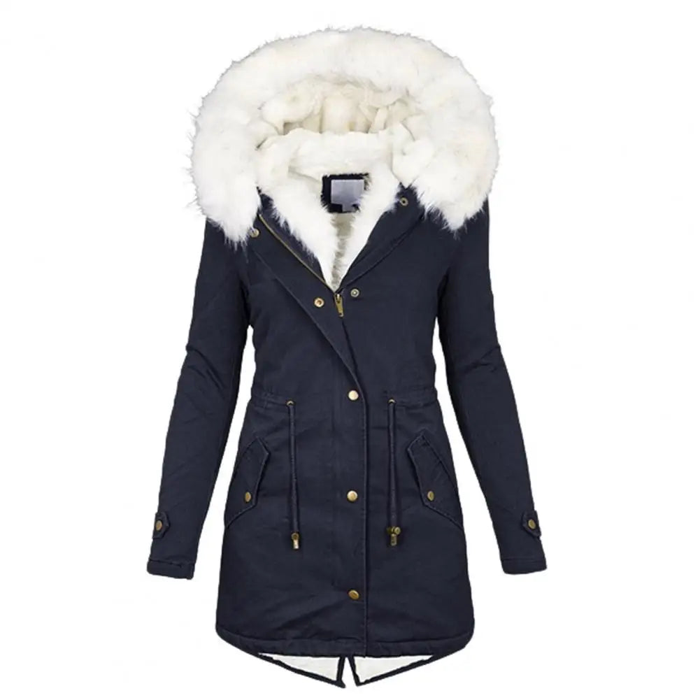 Women's Parka Coat - Long Length - Faux Fur Hood - Warm Padded - Zip Closure
