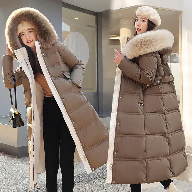 Women's long faux fur collar padded winter jacket