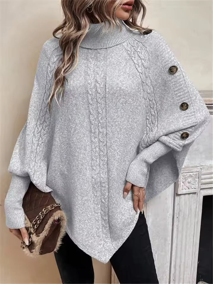 Women’s Sweater – Oversized Fit – Wool Blend – Cable Knit – Bat Sleeve – Turtleneck – Tunic Length – Button Detail