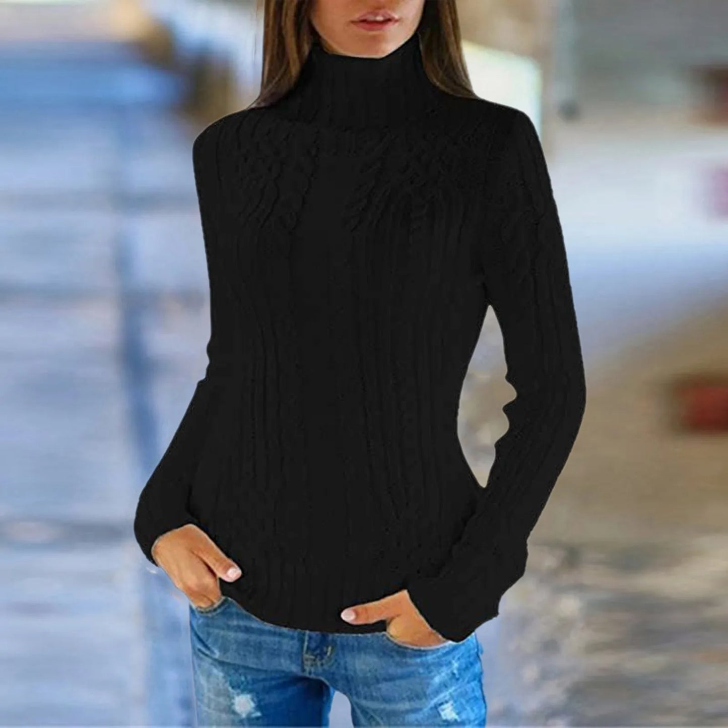 High-neck cable knit sweater for women