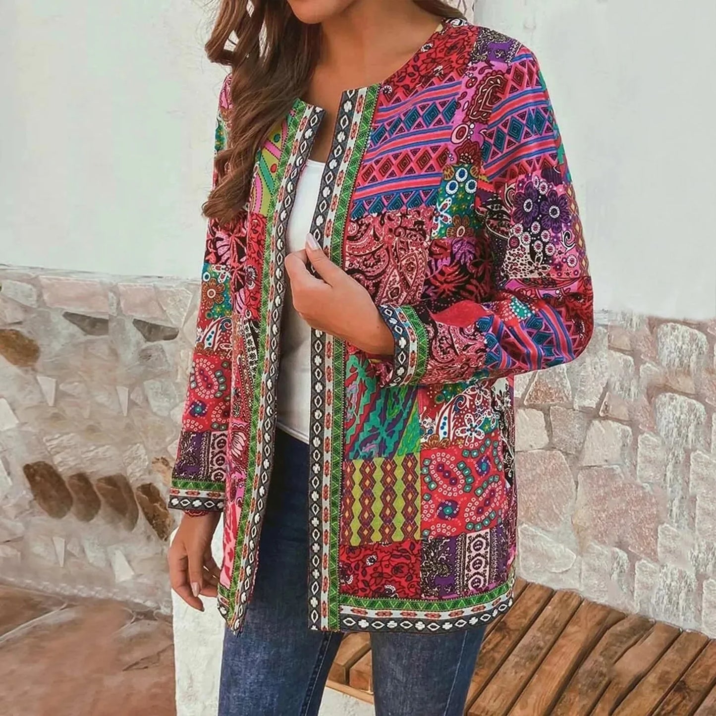 Women's Bohemian Jacket - Patchwork Design - Relaxed Fit - Open Front Lightweight Wear