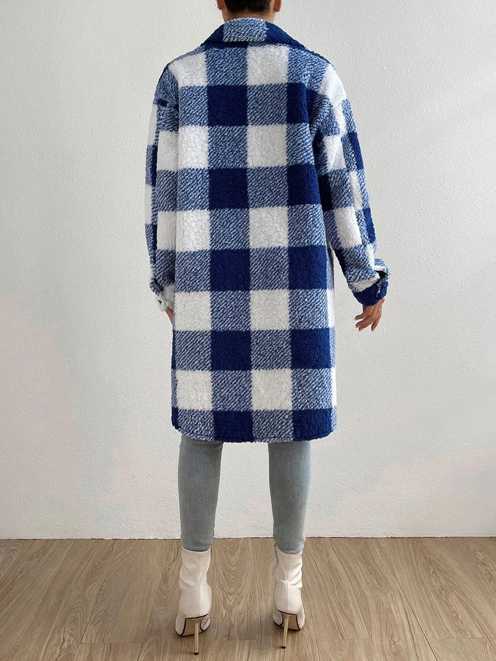Women's autumn winter long plaid fleece sweatshirt coat