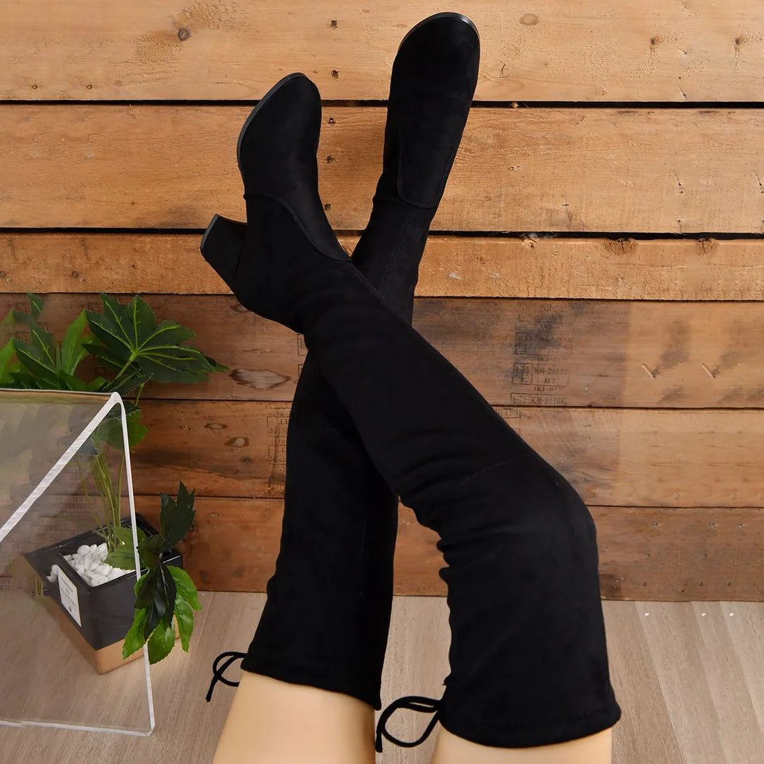 Women’s Over-the-Knee Boots – Suede Look – Block Heel – Pointed Toe – Lace Back Fit