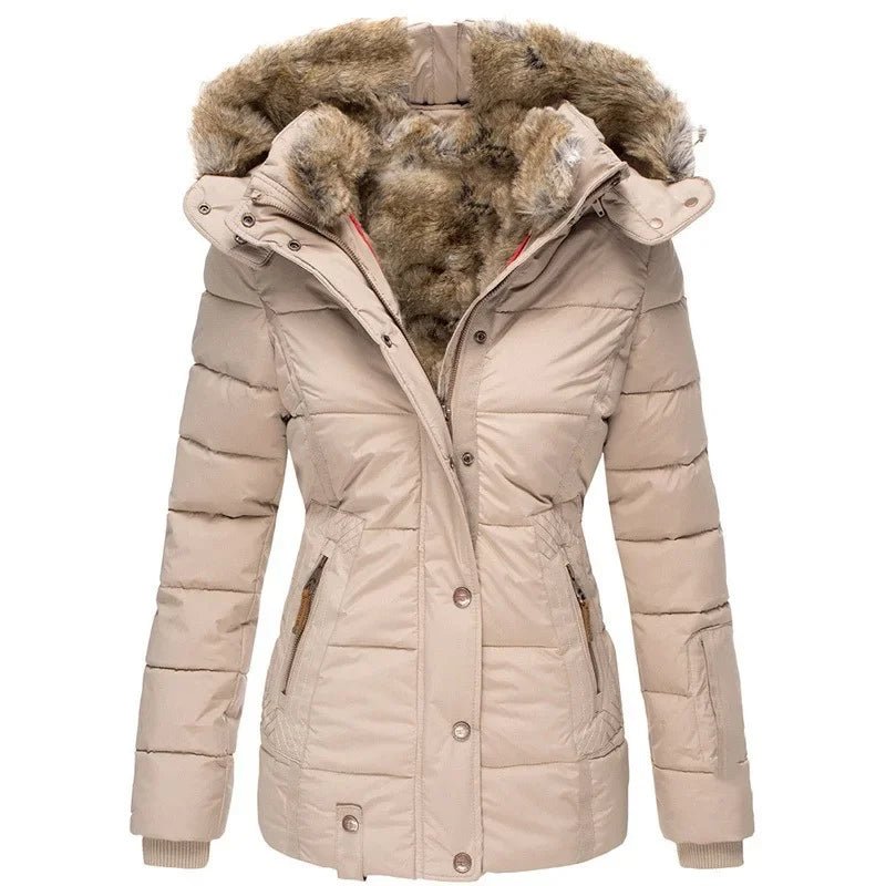 Women's winter hooded coat with zipper and snap buttons