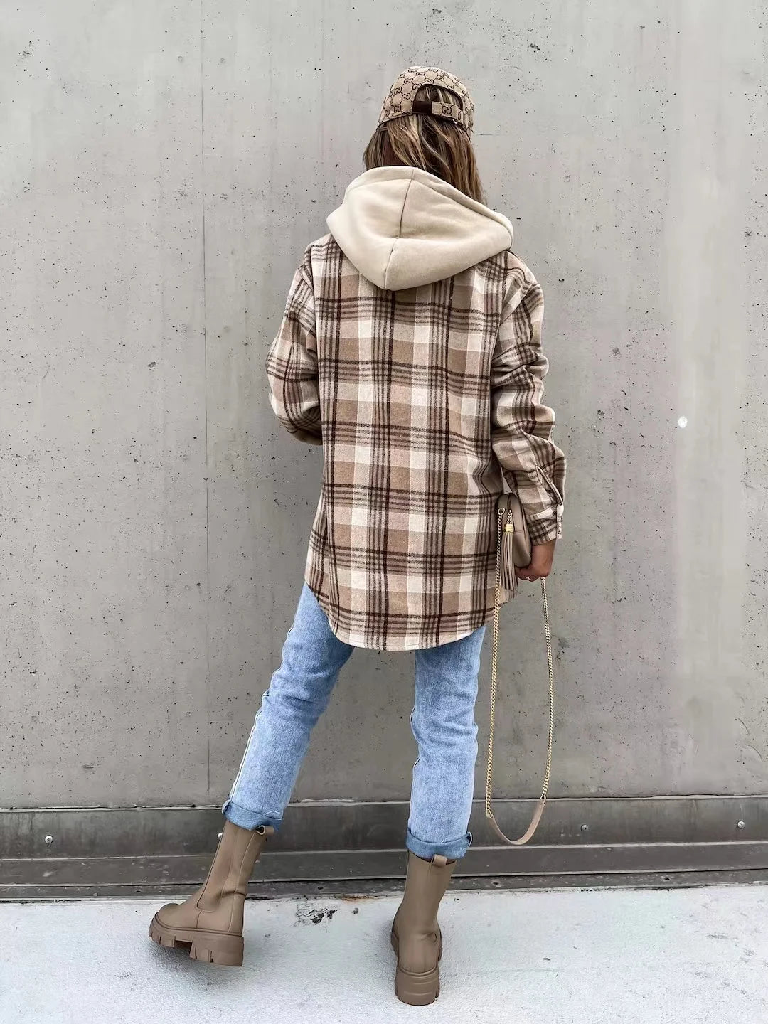 Women's autumn plaid button front jacket with detachable hoodie