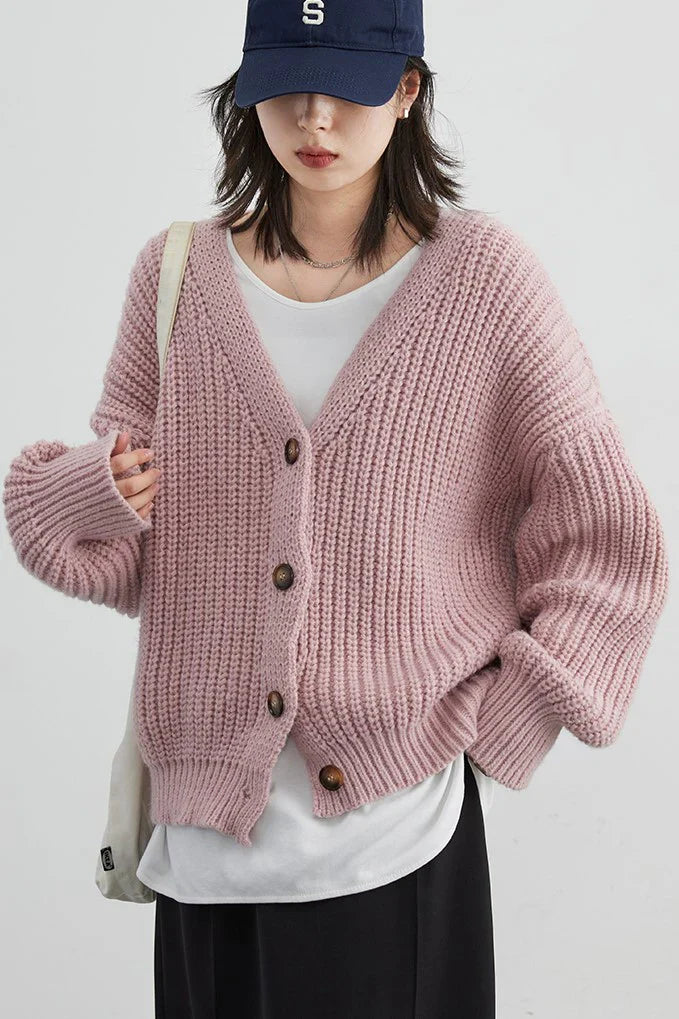 Women’s Knit Cardigan – Chunky Ribbed – Oversized Fit – Button Front – V-Neck