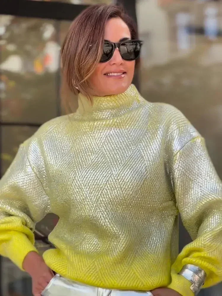 Shiny gradient turtleneck sweater with plaid pattern for women