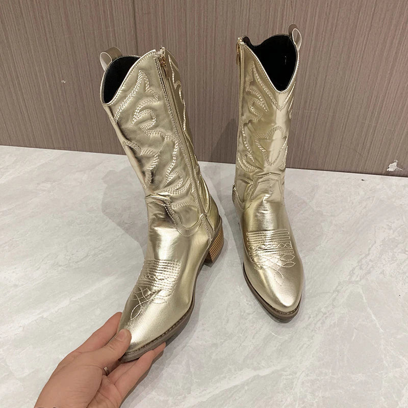 Women's retro western cowboy boots with side zip mid-barrel fluorescent pointed toe