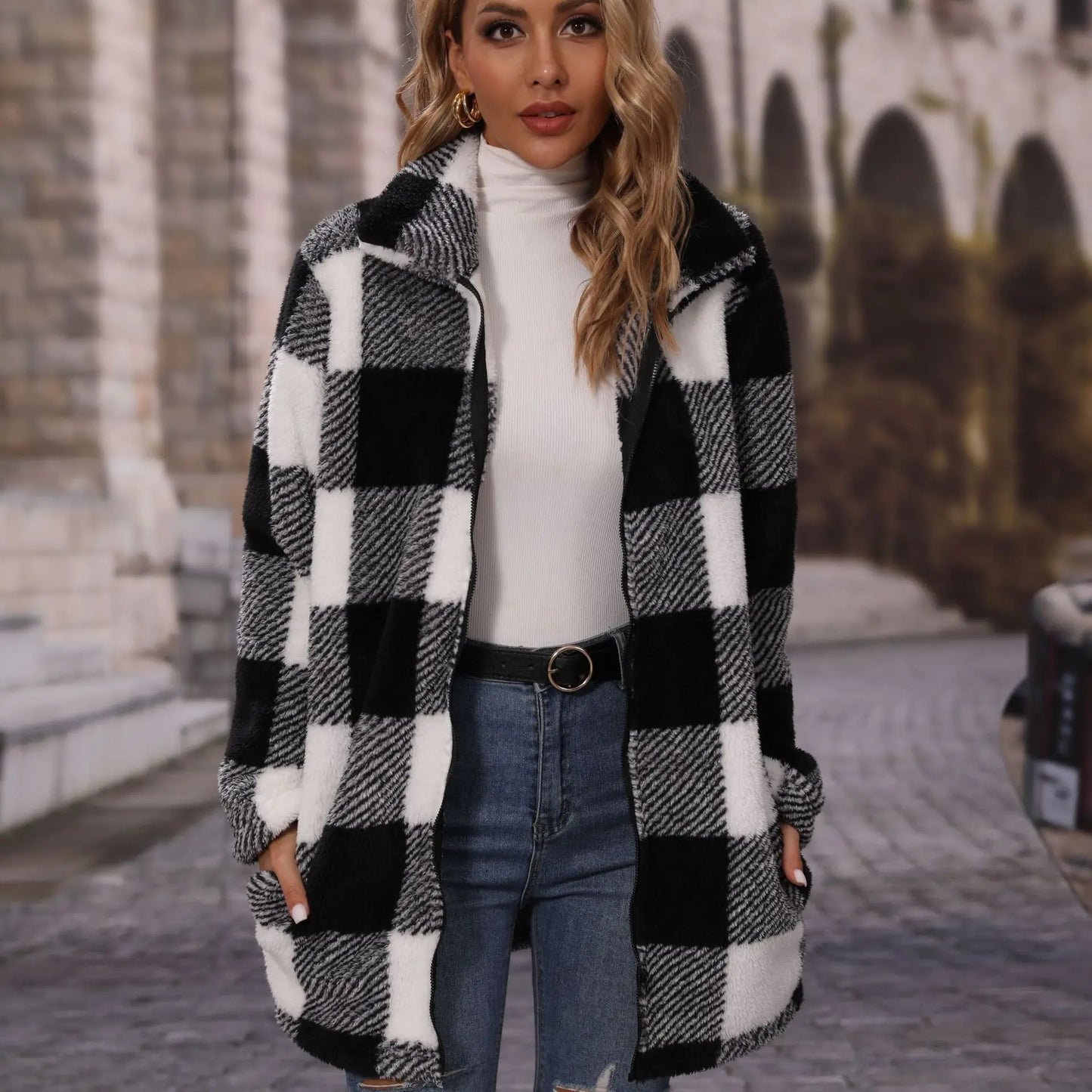 Women's black and white checkered long coat with lapel and zipper