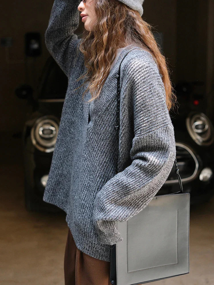 Women's faux wool v-neck sweater