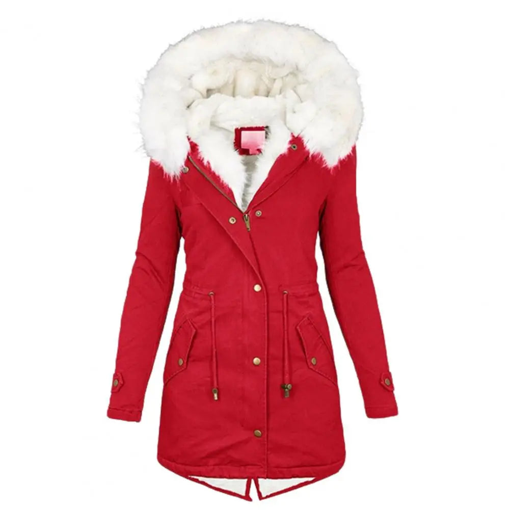 Women's Parka Coat - Long Length - Faux Fur Hood - Warm Padded - Zip Closure