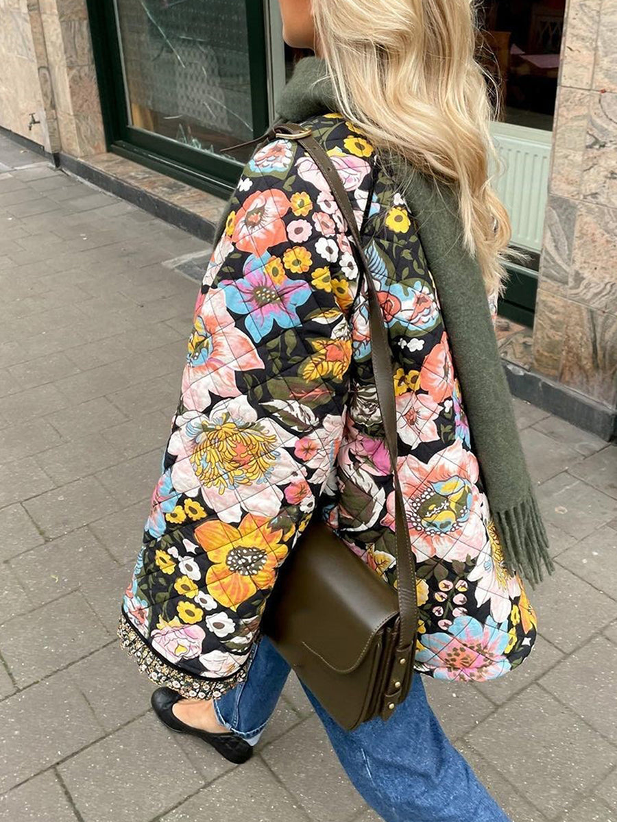 Women's autumn floral print loose quilted jacket