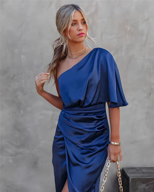 Ruched Satin One-Shoulder Evening Dress