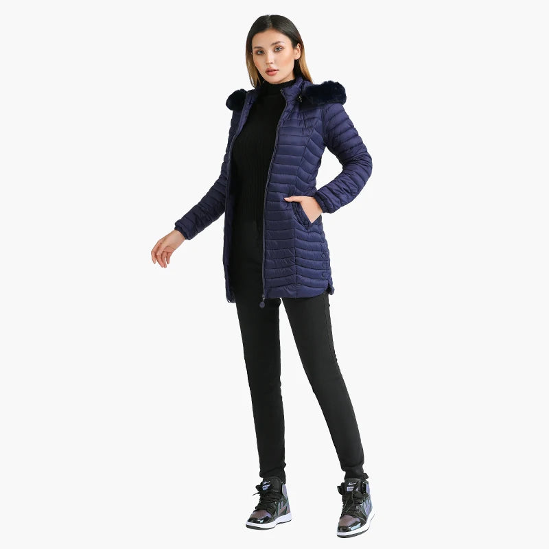 Women's slim fit winter puffer jacket with fur hood