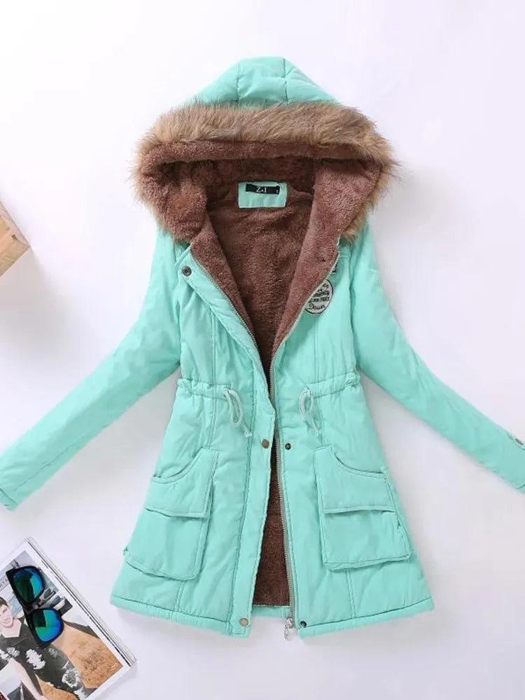 Saskia - long sleeve hooded mid-length coat