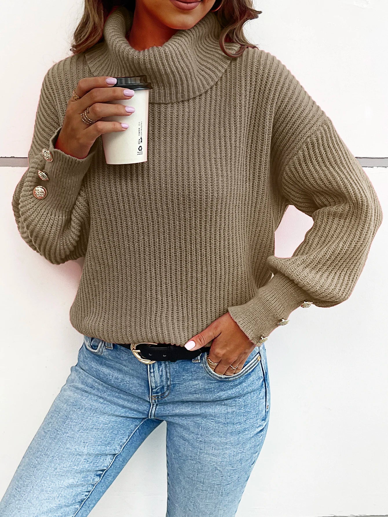 Button Detail Plain Turtleneck Top