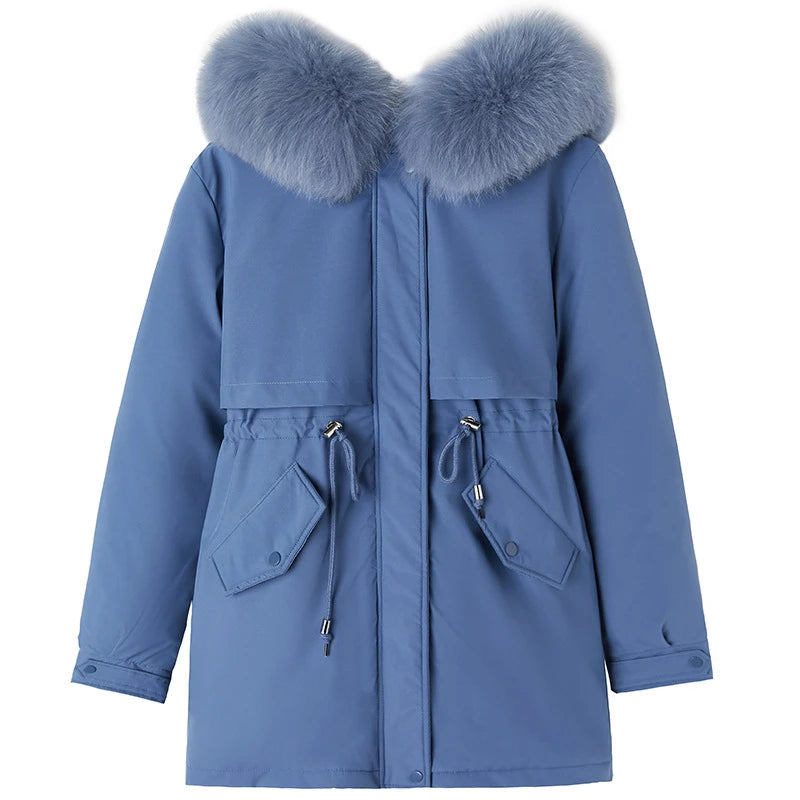 Women's long faux wool-lined parka with fur collar