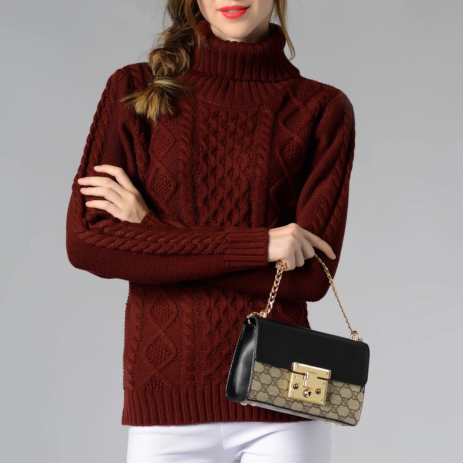 High Collar Twisted Knit Sweater