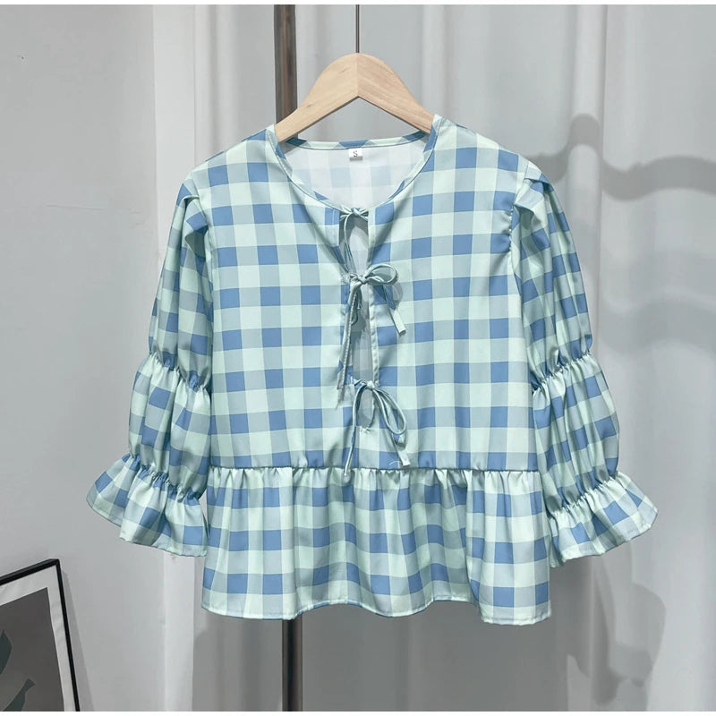 Women's Blouse - Puff Sleeve - Loose Fit - Striped Lightweight Tie-Neck