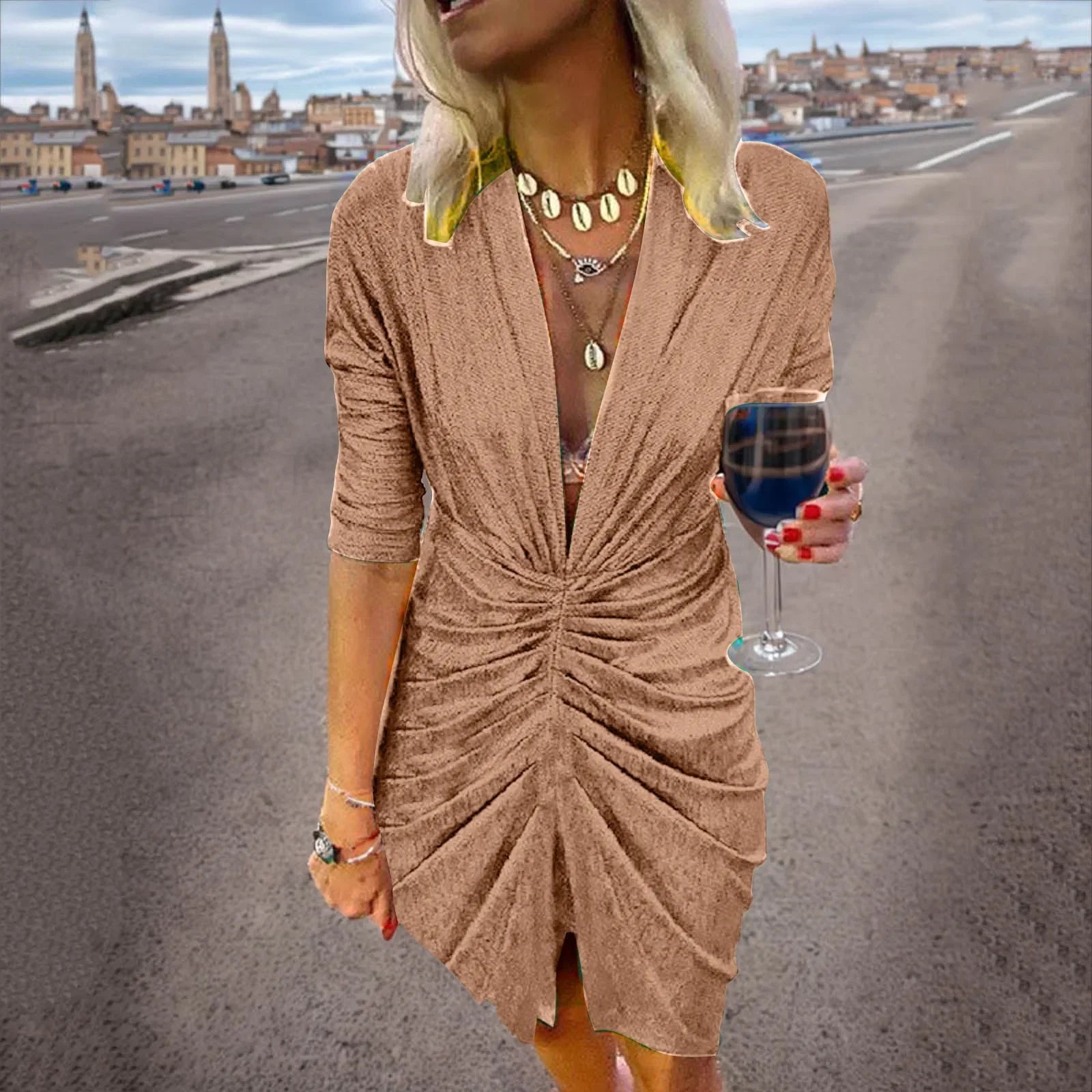 Ruched Waist V-Neck Knee-Length Dress