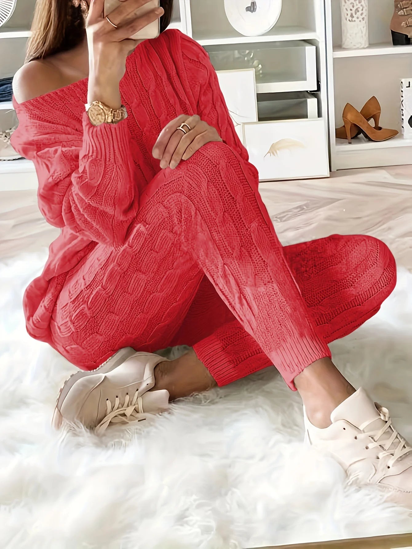 Women's casual knitted sweater and elastic pants set