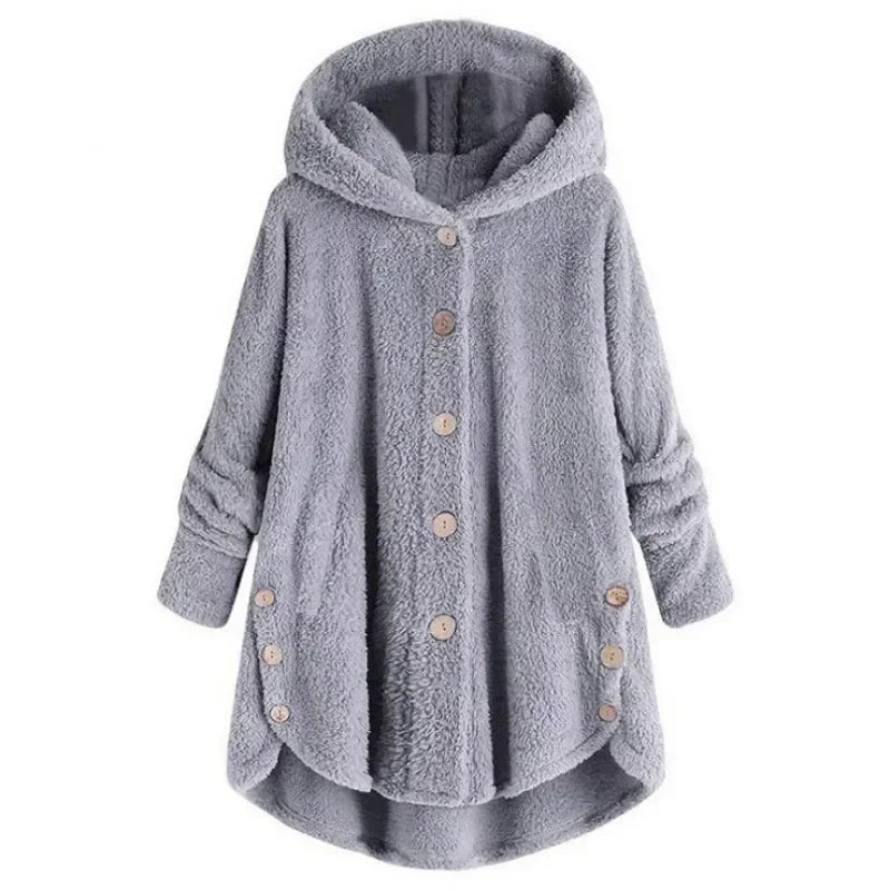 Women’s Fleece Jacket – Relaxed Fit – Hooded – Button Front – Long Back Hem – Pockets