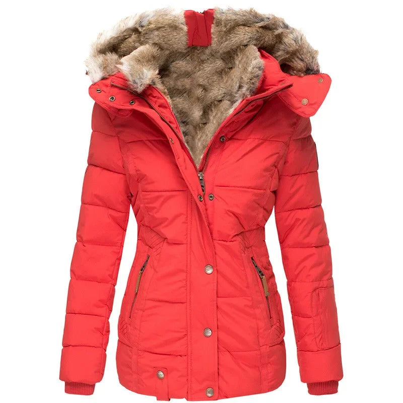 Women's winter hooded coat with zipper and snap buttons