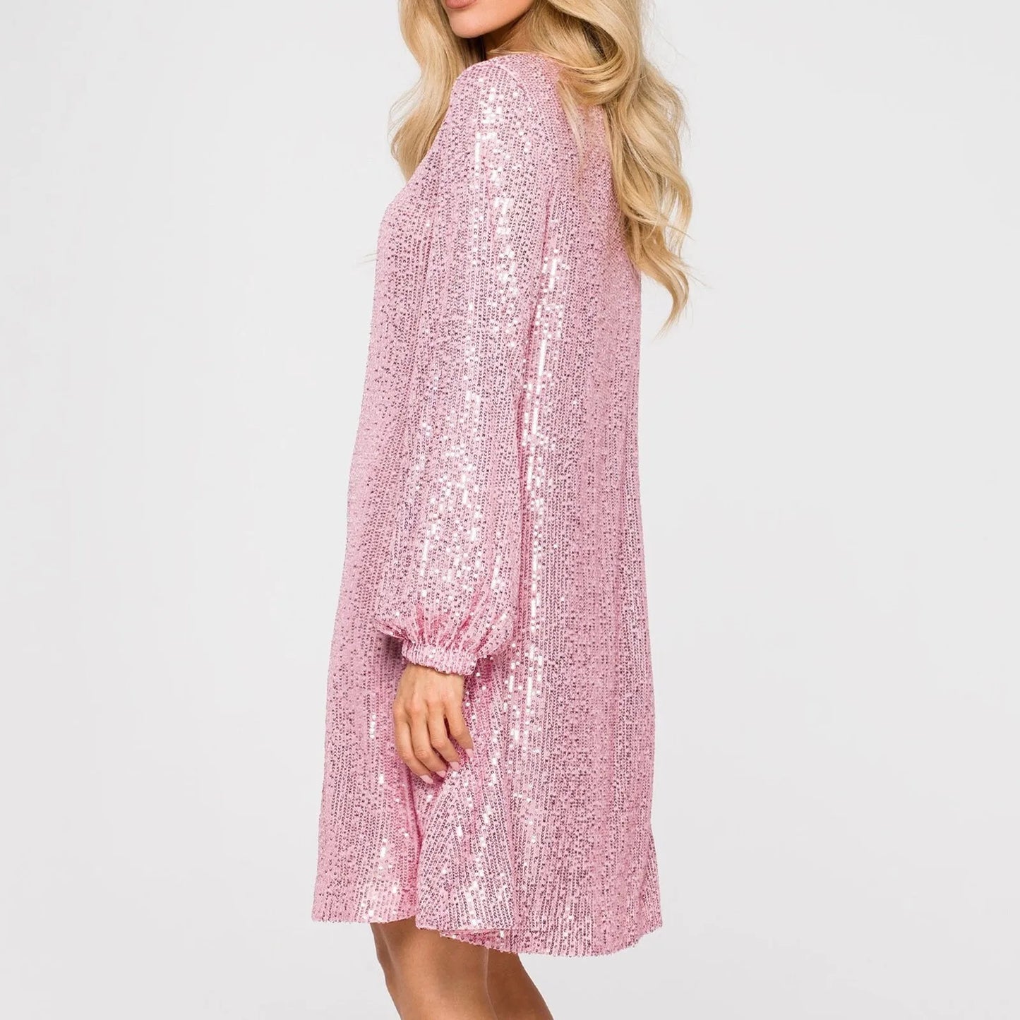 Women's Sequined A-Line Dress - Long Sleeve - Round Neck - Belted Waist - Elegant Shine