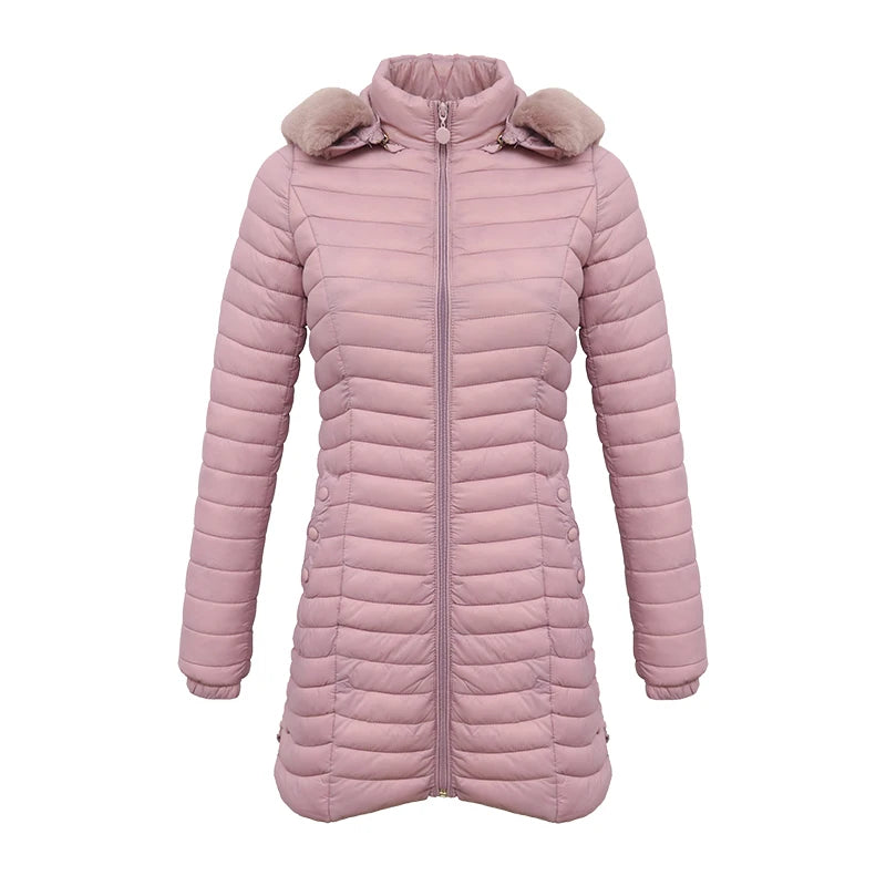 Women's slim fit winter puffer jacket with fur hood