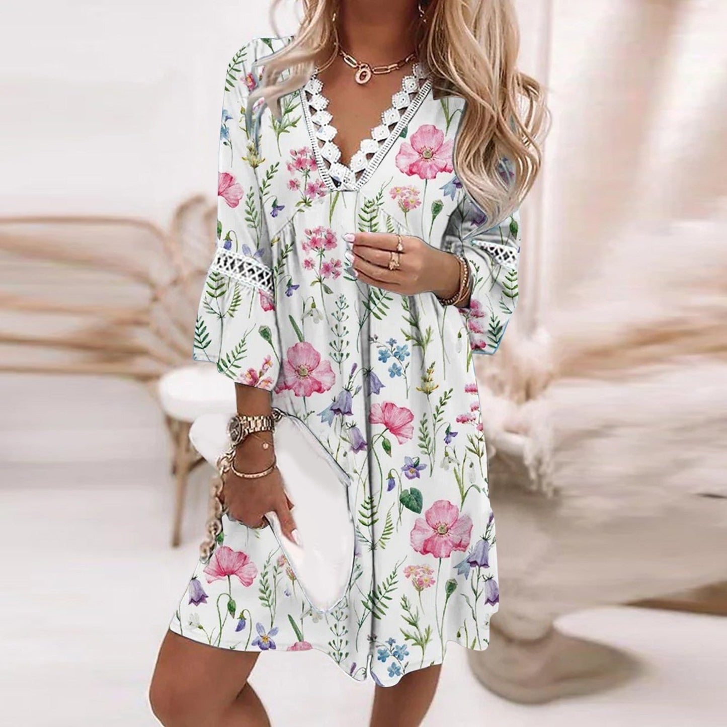 Women's Floral Dress - Loose Fit - V-Neck Lace Detail - Three-Quarter Sleeve Flowy Design