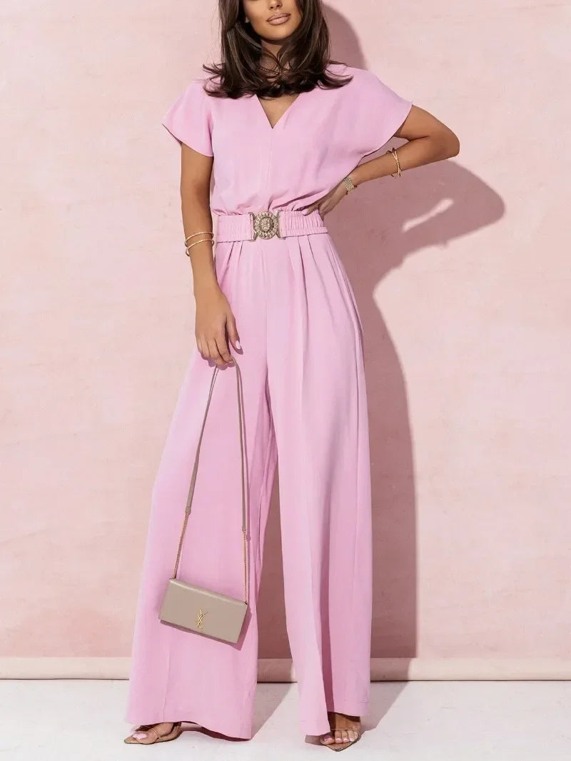 Women's Wide-Leg Jumpsuit - V-Neck Short Sleeve - Cinched Waist with Belt