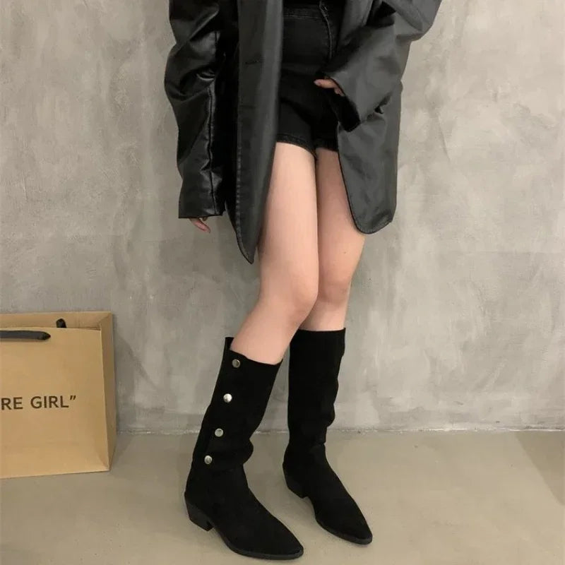 Women's cowboy stacked heel mid-tube tassel boots