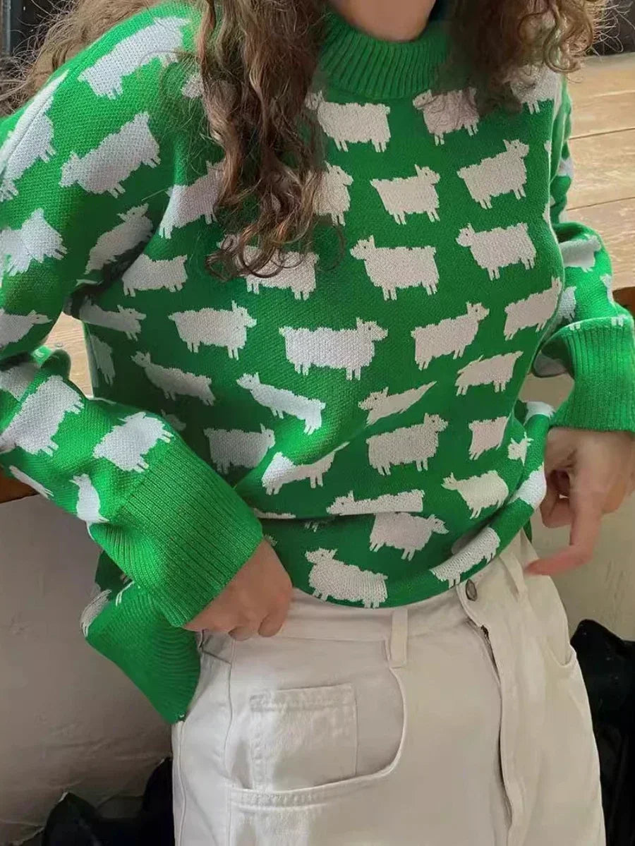 Women's Knit Sweater - Crew Neck - Relaxed Fit - Sheep Pattern Casual Pullover